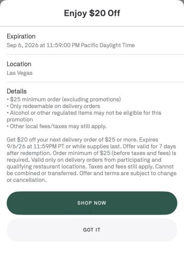 $20 Off $25+ on Postmates in Vegas deal at Postmates