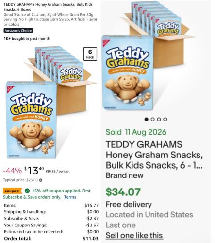 6-Pack Teddy Grahams Honey Snacks for $11