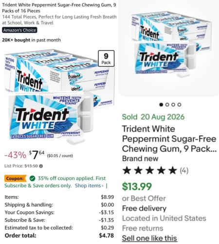9-Pack Trident Gum for $4 deal at Amazon
