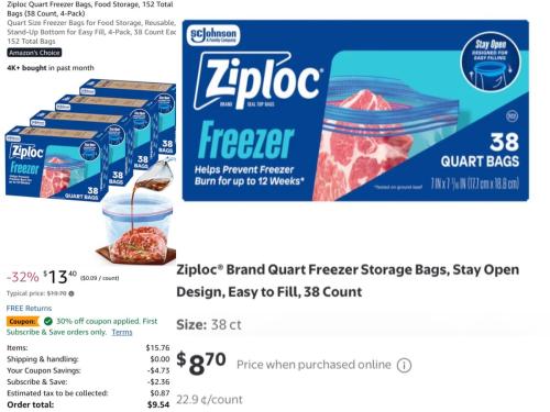 4-Pack Ziploc Freezer Bags for $10 deal at Amazon