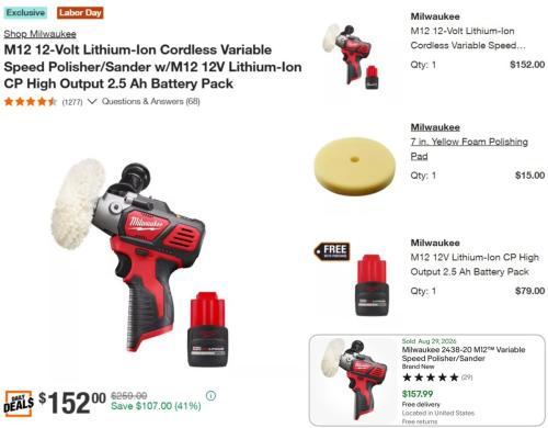 $107 Off Milwaukee Polisher/Sander + Battery deal at Home Depot