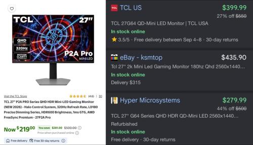 TCL 27” 320Hz Gaming Monitor for $219 deal at Walmart