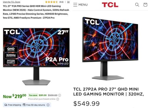 TCL 320Hz QHD Gaming Monitor at $219 deal at Walmart