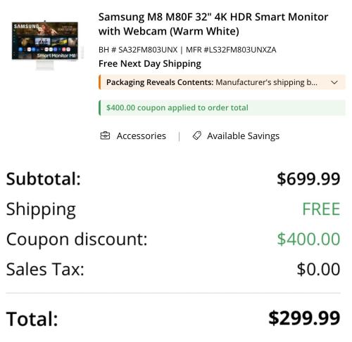 Samsung M8 32” 4K Monitor Drops to $299 deal at B&H