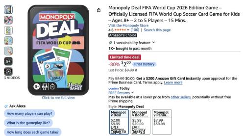 Monopoly Deal FIFA World Cup 2026 Edition for $2 deal at Amazon