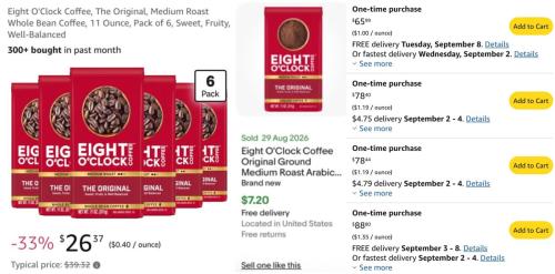 6 Pack Eight O'Clock Coffee for $26