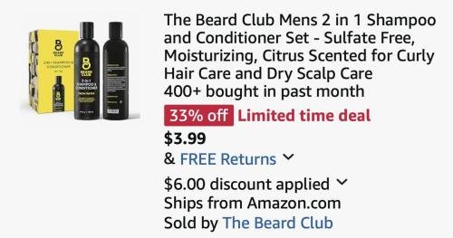 The Beard Club Shampoo + Conditioner for $3.99 deal at Amazon