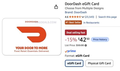 $50 Doordash Gift Card for $42