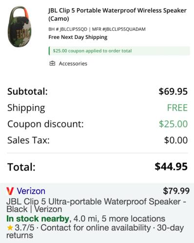 JBL Clip 5 Speaker for $45 deal at B&H Photo