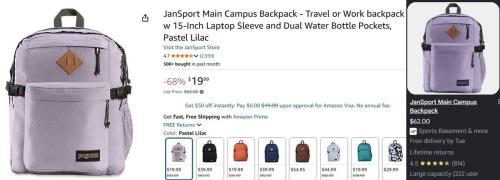 Jansport Main Campus Backpack at $19.99