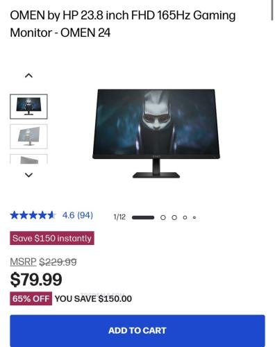 OMEN by HP 24” 165Hz Gaming Monitor $80