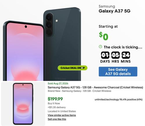 Galaxy A37 for $35 via Cricket Promo deal at Cricket