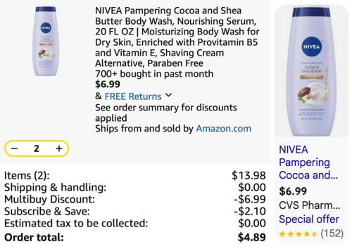 NIVEA Body Wash 2-Pack for $4.89 deal at Amazon
