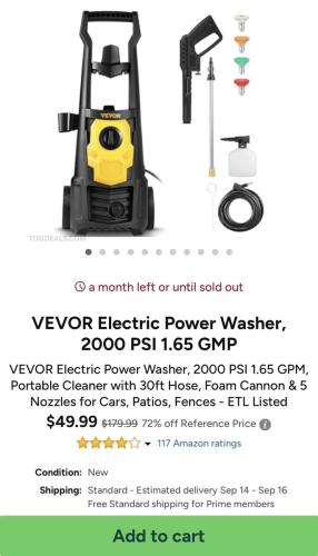 VEVOR 2000 PSI Power Washer for $49.99 deal at Woot