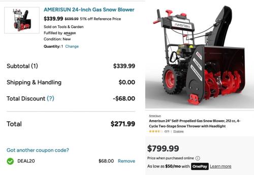 Amerisun 24” Gas Snow Blower Only $272 deal at Woot