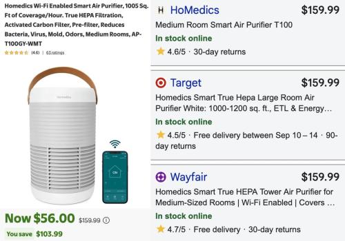 HoMedics Smart Air Purifier for $56 at Walmart deal at Walmart
