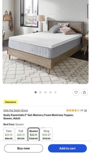 Sealy 2” Gel Memory Foam Mattress Topper Queen $32 deal at Walmart
