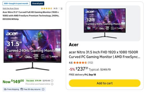 Acer Nitro Curved Gaming Monitor at $149 deal at Walmart