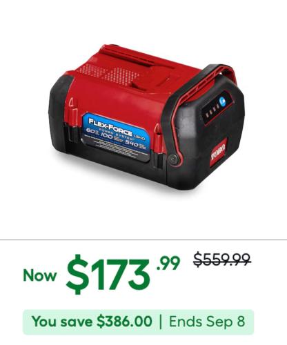 Toro 60V Battery 69% Off at Lowe's deal at Lowe's