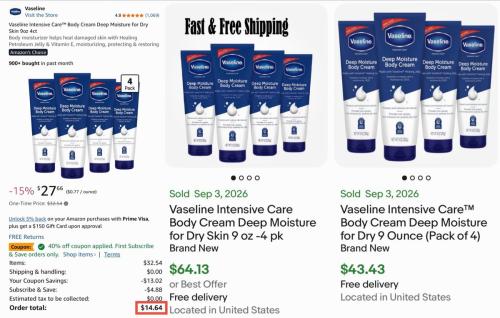 Pack of 4 Vaseline Cream for $14 deal at Amazon