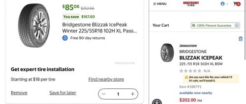Bridgestone Winter Tires $85 at Walmart deal at Walmart