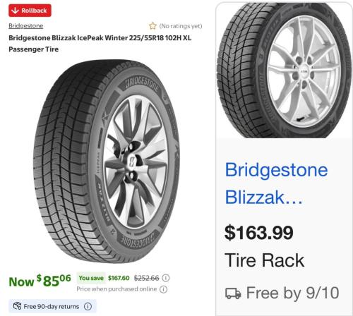 Bridgestone Tires Dropped to $85 deal at Walmart