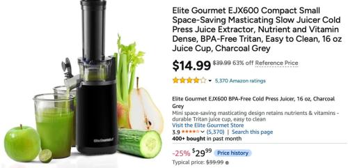 Elite Gourmet Slow Juicer for $15 deal at Woot