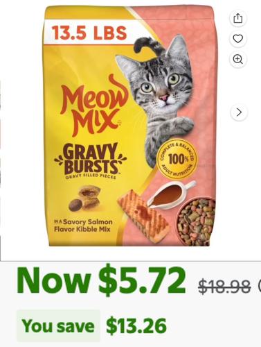 Meow Mix 13.5 LB Salmon Kibble $5.72 at Walmart deal at Walmart