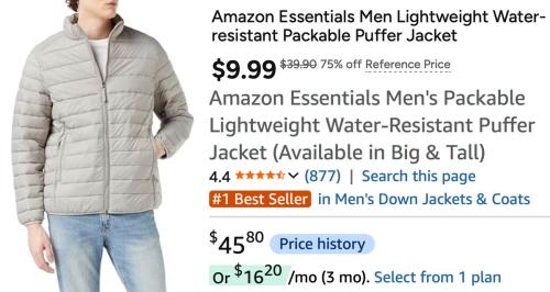 Amazon Essentials Puffer Jacket for $9.99 deal at Woot