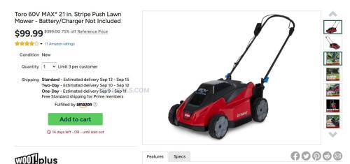 Toro 60V 21 Inch Push Mower for $99.99 deal at Woot