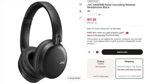 JVC Noise Cancelling Headphones $11.35 at Kohls deal at Kohl's