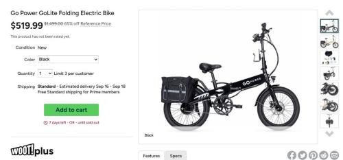 Go Power Folding Electric Bike 65% Off deal at Woot