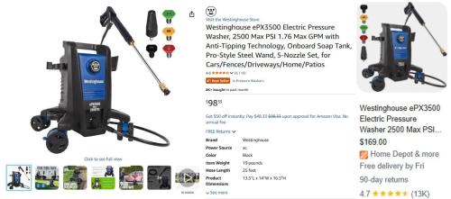 Westinghouse ePX3500 Pressure Washer for $98 deal at Amazon
