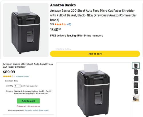 Amazon Basics 200-Sheet Shredder $90 (Was $340) deal at Amazon