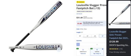 Louisville Slugger Fastpitch Bat 79% Off deal at Academy