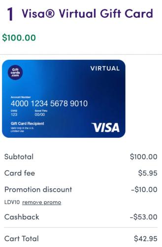 $100 Visa Gift Card for $42.95