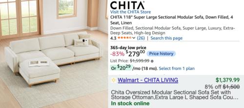 Chita Sofa $279 on Amazon (83% Off) deal at Amazon