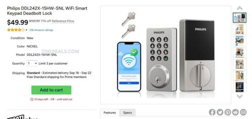Philips WiFi Smart Deadbolt 71% Off deal at Woot