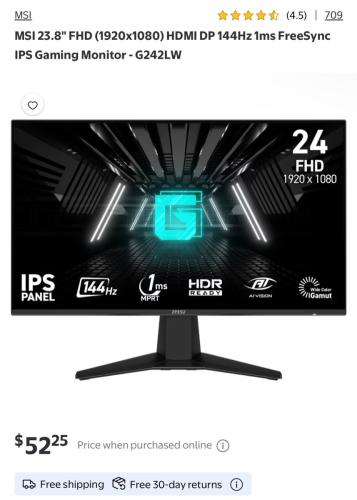 MSI 144Hz Gaming Monitor Restocked at $52 deal at Walmart