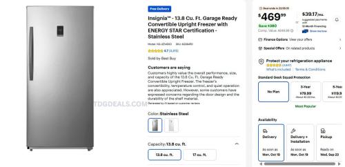 Insignia 13.8 Cu Ft Upright Freezer $469.99 deal at Best Buy