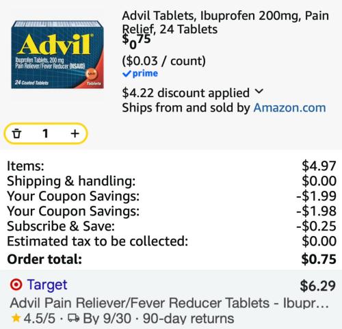 Advil 24-Count for $0.75 at Amazon deal at Amazon