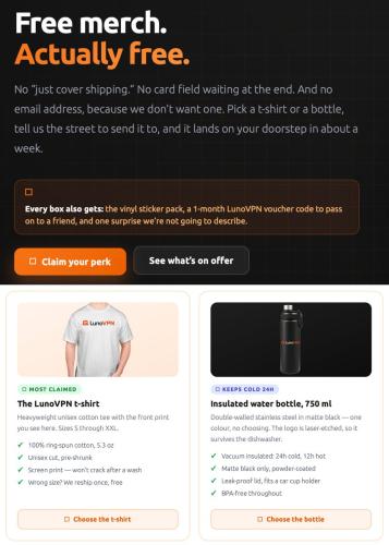 Free T-Shirt or Water Bottle from LunoVPN