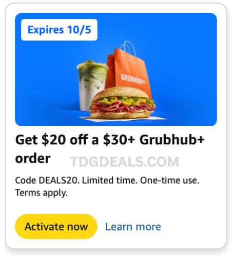 $20 Off $30+ Grubhub+ Order for Prime Members deal at Grubhub