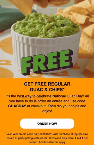 Free Chips & Guac with Entrée at Qdoba deal at Qdoba