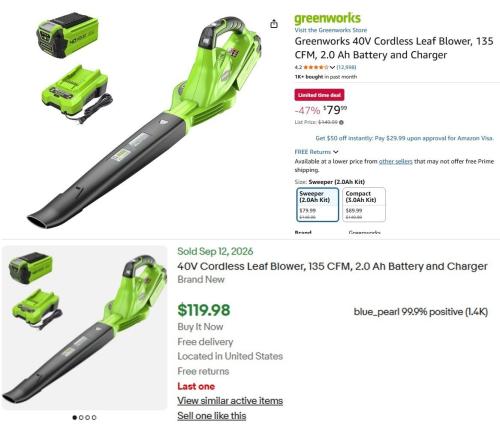Greenworks 40V Leaf Blower with Battery Now $80