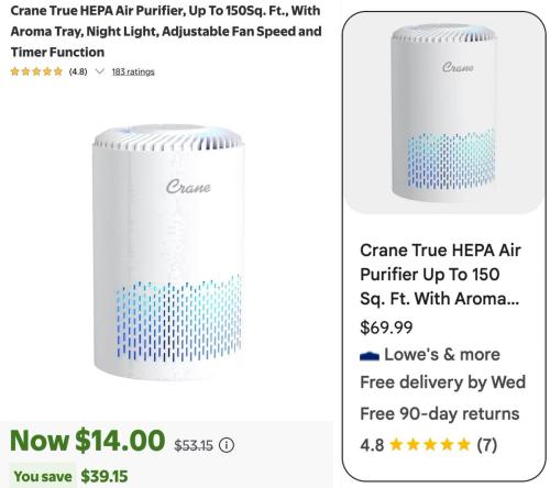 Crane HEPA Air Purifier Now $14 at Walmart deal at Walmart