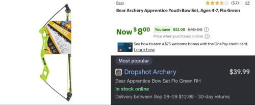 Bear Apprentice Archery Set for $8 at Walmart deal at Walmart