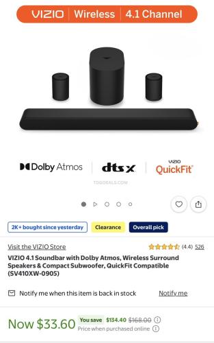 VIZIO 4.1 Dolby Atmos Soundbar for $33 deal at Walmart