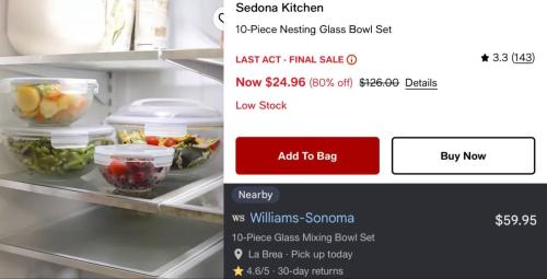 80% Off 10-Piece Sedona Glass Bowl Set deal at Macy's