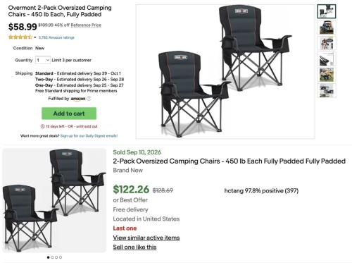 2 Pack Oversized Camping Chairs for $58 deal at eBay